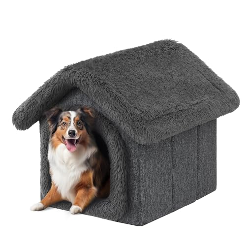 PillowPrim Haustierhütte Hundehaus Höhle Hundehütte Katzenhütte Hundehöhle Katzenhaus Hundekissen Katzenkissen Flauschiges Haus, Schwarz mit Grau, 32x38x32 cm von PillowPrim