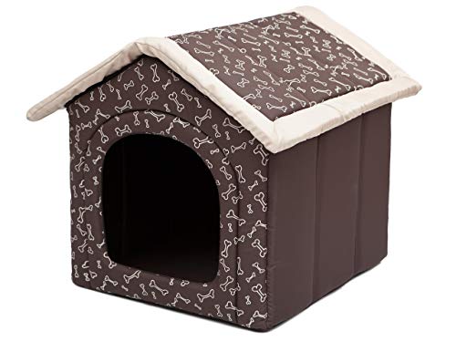 PillowPrim Hundehütte Hundehöhle Hundebett Hundehaus Katzenhöhle mittle L - 52x46 cm braun mit Knochen von PillowPrim