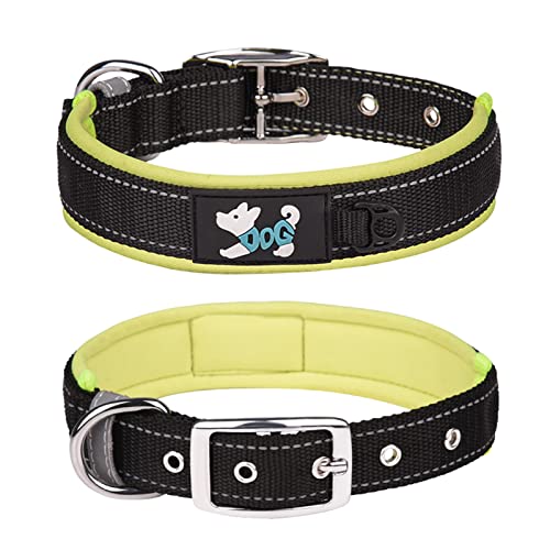 Pimaodog Bequemes weiches Neopren gepolstertes Hundehalsband, reflektierendes Haustierhalsband, verstellbares, strapazierfähiges Nylon-Hundehalsband für alle Rassen große Hunde (L, Grün) von Pimaodog