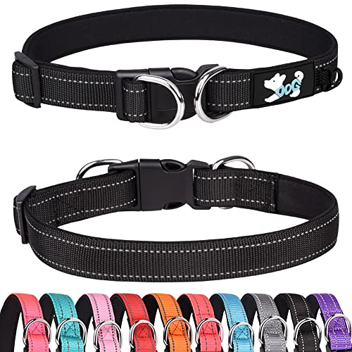 Pimaodog Gepolstertes Hundehalsband Reflektierende Hundehalsbänder für kleine, mittelgroße und große Hunde Bequemes weiches Neopren Verstellbar Basic Hundehalsbänder (L, Schwarz) von Pimaodog