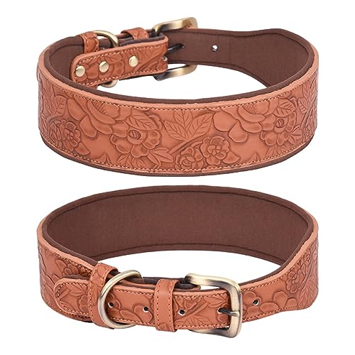 Pimaodog Hundehalsband Leder für große Hunde, mittelgroße Hunde & kleine Hunde, PU Leder Halsband für Hunde, Geprägter Druck Leder Hundehalsbänder (L, Braun) von Pimaodog