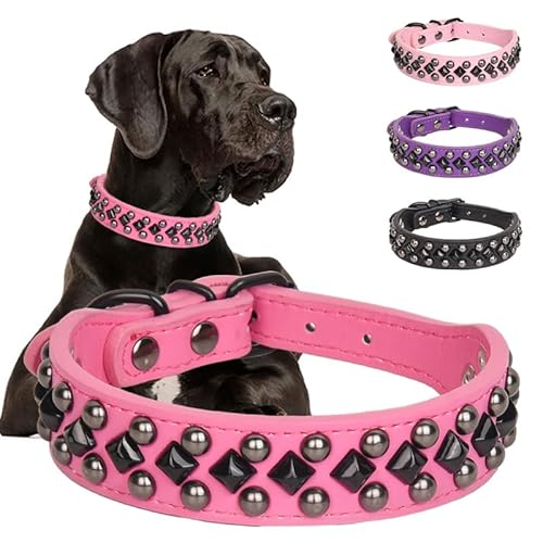 Pimaodog Hundehalsband aus PU-Leder mit Nieten für kleine, mittelgroße und große Hunde, Pitbull, Mastiff, Labrador, Boxer, Rottweiler, Deutscher Schäferhund (Hot Pink, XXL) von Pimaodog