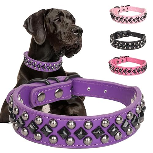 Pimaodog Hundehalsband aus PU-Leder mit Nieten für kleine, mittelgroße und große Hunde, Pitbull, Mastiff, Labrador, Boxer, Rottweiler, Deutscher Schäferhund (Lila, XXL) von Pimaodog