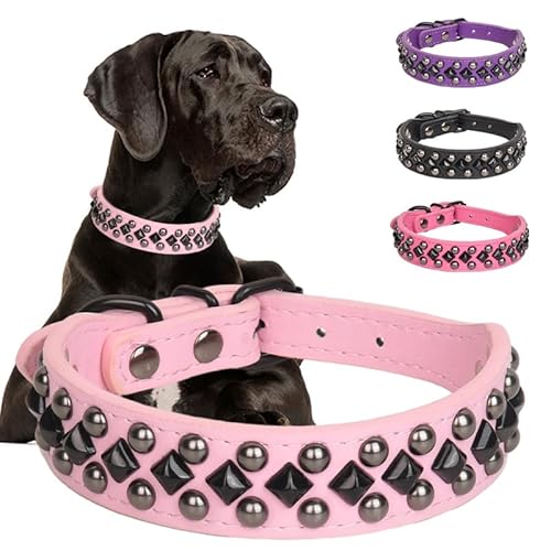 Pimaodog Hundehalsband aus PU-Leder mit Nieten für kleine, mittelgroße und große Hunde, Pitbull, Mastiff, Labrador, Boxer, Rottweiler, Deutscher Schäferhund (Rosa, S) von Pimaodog