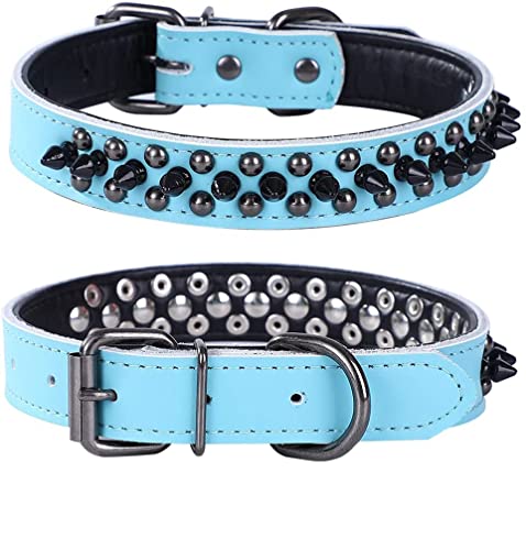 Pimaodog Hundehalsband mit Nieten, echtes Leder, verstellbare Hundehalsbänder für kleine oder mittelgroße Haustiere (S, Blau) von Pimaodog