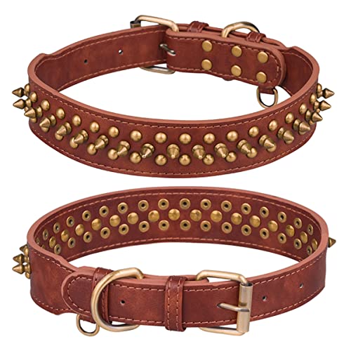 Pimaodog Hundehalsband mit Nieten, verstellbar, weiches Leder, Hunde Halsband für kleine mittelgroße Hunde, Bulldogge, Pitbull Mastiff, Pudel, Boxer (M, Braun) von Pimaodog