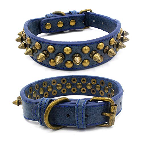 Pimaodog Hunde Halsbänder, Hundehalsband Leder mit Nieten, verstellbar, weiches Leder, Welpenhalsband für kleine mittelgroße Hunde, Bulldogge, Pitbull Mastiff, Pudel, Boxer (S, Blau) von Pimaodog