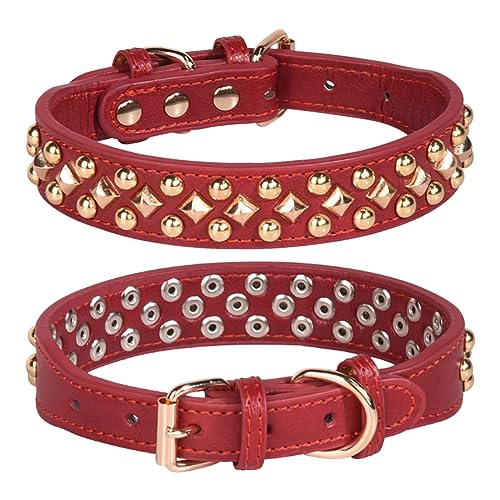 Pimaodog Hundehalsband mit Nieten, verstellbares weiches Leder Welpenhalsband für kleine mittelgroße Hunde, Bulldogge, Pitbull, Mastiff, Pudel, Boxer (L, Rot3) von Pimaodog