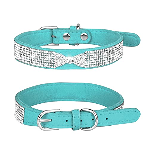 Pimaodog Hundehalsband mit Strasssteinen, niedlich, schillernd, funkelnd, weiches Wildleder, verstellbar, für Haustiere, Hunde, Katzen, mittelgroße und große Hunde (L: 38–46 cm, hellblau-3) von Pimaodog