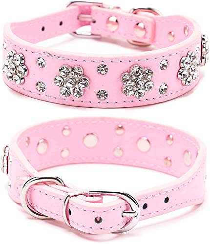 Pimaodog Hundehalsband mit Strasssteinen, niedliches Blumen-Strass, für Katzen, Hunde, Halsband aus PU-Leder, verstellbare Größen, S, M, L (S: 21–27 cm, Rosa) von Pimaodog