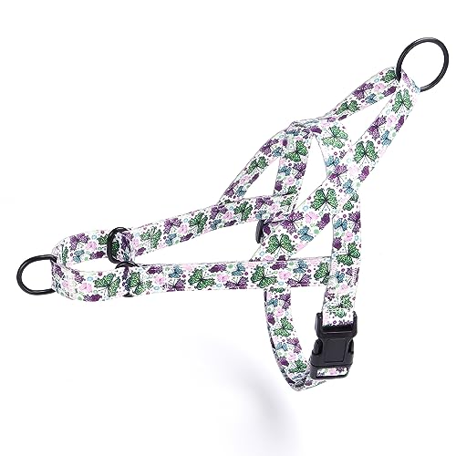 Pimaodog No Pull Hundegeschirr für einfachen Spaziergang, Blumenmuster weibliche Sicherheit Nylon Trainingshalsband für kleine, mittelgroße und große Hunde (L, Schmetterling) von Pimaodog