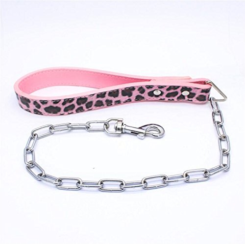 Pimaodog Robuste Hundeleine mit Metallkette, 71,1 cm Länge, Trainings-Hundeleine mit PU-Ledergriff für große und mittelgroße Hunde (Leopard) von Pimaodog