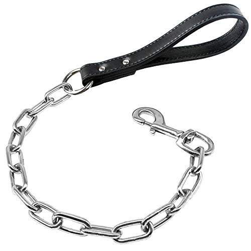 Pimaodog Robuste Hundeleine mit Metallkette, 71,1 cm Länge, Trainingsleine mit PU-Ledergriff, für große und mittelgroße Hunde, Schwarz von Pimaodog