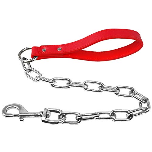 Pimaodog Robuste Hundeleine mit Metallkette, 71,1 cm Länge, Trainingsleine mit PU-Ledergriff für große und mittelgroße Hunde, Rot von Pimaodog