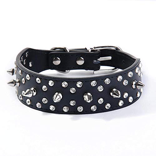 Pimaodog Strass Hundehalsband, Stilvolles Leder Hundehalsband, mit Kugelnieten und Strasssteinen, weich und verstellbar für mittelgroße und große Hunde (M:40,6-48,3 cm, Schwarz) von Pimaodog