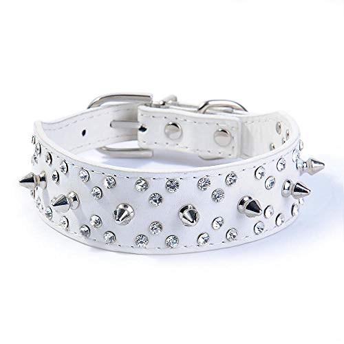 Pimaodog Strass Hundehalsband, Stilvolles Leder Hundehalsband, mit Kugelnieten und Strasssteinen, weich und verstellbar für mittelgroße und große Hunde (M:40,6-48,3 cm, Weiß) von Pimaodog