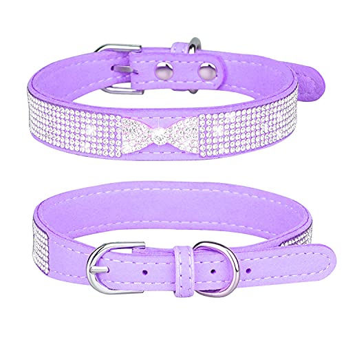 Pimaodog Strass-Hundehalsband, niedlich, schillernd, funkelnd, weiches Wildleder, verstellbar, Haustier-Hunde- und Katzenhalsband, mittelgroße und große Hunde (M: 32–38 cm, Violett-3) von Pimaodog