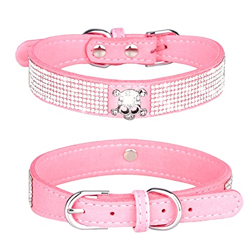 Pimaodog Strass-Hundehalsband, niedlich, schillernd, funkelnd, weiches Wildleder, verstellbares Haustier-Hunde- und Katzenhalsband, mittelgroße und große Hunde (M: 32–38 cm, Rosa-5) von Pimaodog