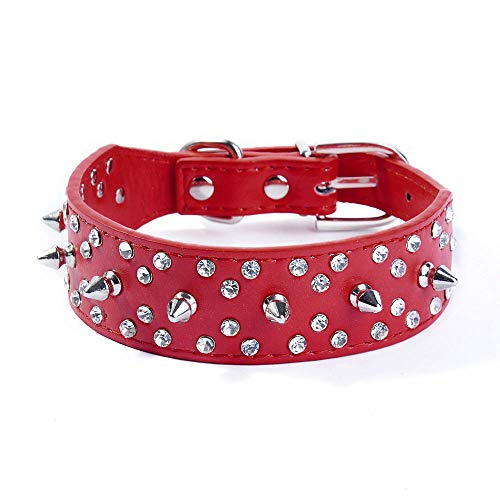 Pimaodog Strass-Hundehalsband, stilvolles Leder-Hundehalsband, mit Nieten und Strasssteinen, weich und verstellbar für mittelgroße und große Hunde (L:45,7–53,3 cm, rot) von Pimaodog