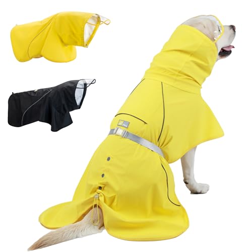 PINA Hunde-Regenmantel, wasserdichte Hunde-Regenjacke mit Kapuze, leichte Haustier-Regenjacke mit Loch für die Leine, Hundeponcho mit reflektierendem Riemen und abnehmbarem Hut für nasses Wetter, Gelb von Pina