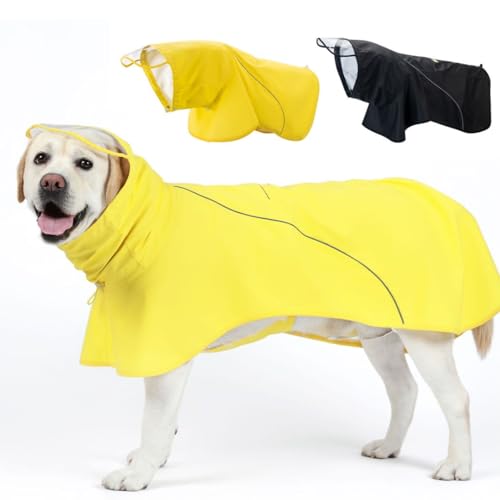 PINA Hunde-Regenmantel, wasserdichte Hunde-Regenjacke mit Kapuze, leichte Haustier-Regenjacke mit Loch für die Leine, Hundeponcho mit reflektierendem Riemen und abnehmbarem Hut für nasses Wetter, Gelb von Pina