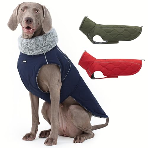 PINA Hunde-Wintermantel, Hunde-Winterjacke mit Kunstfellkapuze, warmer Hundemantel mit dreidichtem Stoff, Kürbis-Druck, Hunde-Winterweste für große Hunde, Marineblau, 3XL von Pina