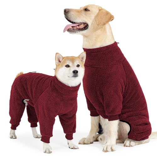 Pinellia Hunde-Wintermantel, warme Fleece-Hundejacke, winddichter Hundepullover, Overall, Ganzkörper-Hunde-Pyjama, Einteiler für kaltes Wetter, Kleidung für mittelgroße und große Hunde (3XL, Rot) von Pinellia