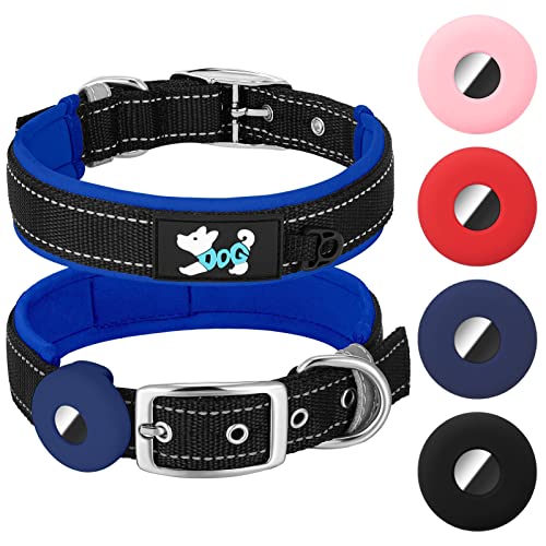 Pinenuts Reflektierendes Hundehalsband mit Air-Tag-Hülle, verstellbares, gepolstertes Hundehalsband, weiches Haustierhalsband, Training, mittelgroße und große Hunde (M, Blau) von Pinenuts