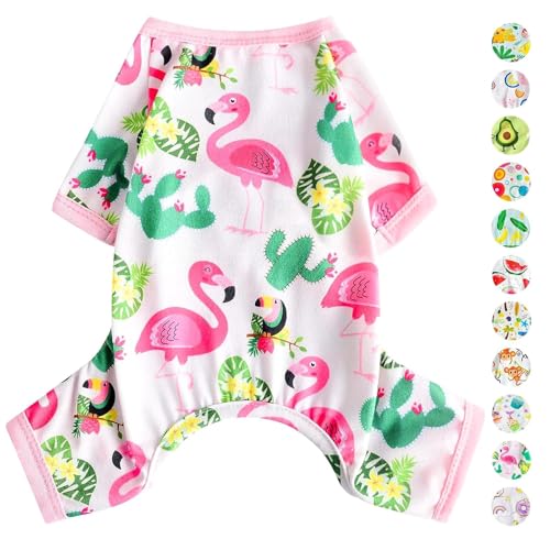 Hunde-Pyjama, Frühlingssommer, Hundekleidung für kleine Hunde, Mädchen – Junge – mittelgroße Hunde, weich, dehnbar, Welpenkleidung, Einteiler, Katze, Haustier, Jammies Outfit (tropischer Flamingo, von PinkBow