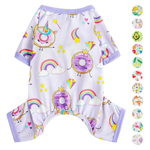 Hunde-Schlafanzug für Frühling und Sommer, Hundekleidung für kleine Hunde, Mädchen – Junge – mittelgroße Hunde, weiche, dehnbare Welpenkleidung, Hundekleidung, Jammies-Outfit (Donut-Violett, klein) von PinkBow