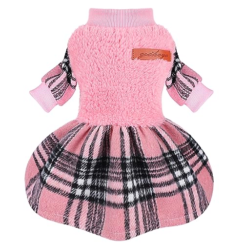 Hundekleid für den Herbst, Hundepullover, Kleid mit kariertem Saum für kleine Hunde und Mädchen, Winter, warmer Fleece-Hundepullover, Haustierkleidung, Kleider, Größe M, Rosa von PinkBow