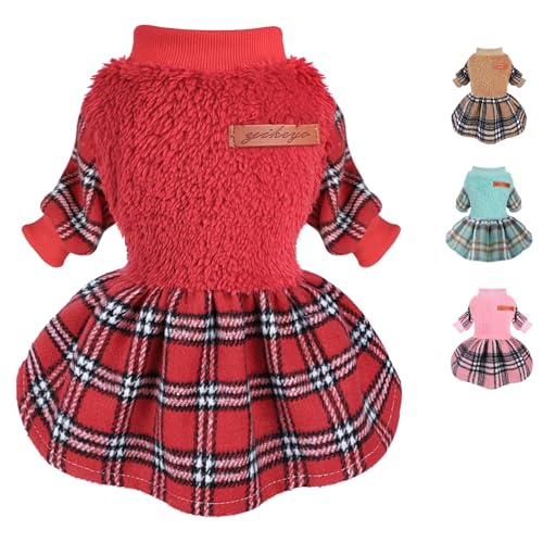 Hundekleid, Hundepullover, Kleid, kariert, Fleece, Hundepullover für kleine Hunde, Mädchen, warme Hunde, Winterkleider, kleine Hundekleidung, Größe XXS, Hundekleidung, Rot von PinkBow