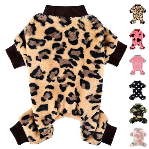 Hunde-Overall mit Leopardenmuster, Winter-Fleece, Welpenkleidung für kleine Hunde, Mädchen, Jungen, warmer Schlafanzug für kleine Hunde, für Chihuahua, Yorkie, Shih Tzu, Teetasse, kaltes Wetter, von PinkTie