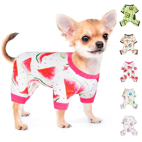 Hunde-Pyjama, für kleine Hunde, Mädchen, Jungen, weich, dehnbar, für Welpen, Einteiler, Katzen, Haustiere, Jammies, Outfit, Katzenbekleidung (Größe M, Wassermelone) von PinkTie