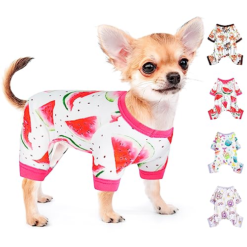 Hunde-Pyjama, für kleine Hunde, Mädchen, Jungen, weich, dehnbar, für Welpen, Einteiler, Katzen, Haustiere, Jammies, Outfit, Katzenbekleidung (Größe M, Wassermelone) von PinkTie