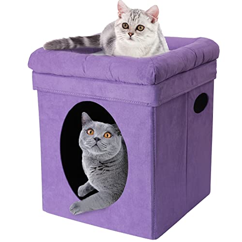 Pinkgarden Faltbares Katzenhaus, Faltbarer Katzenwürfel und Katzenhöhle mit Bett für Hauskatzen, Katzen-Kitty-Hocker Condo, 31 cm x 31 cm x 39,8 cm, Lila von Pinkgarden