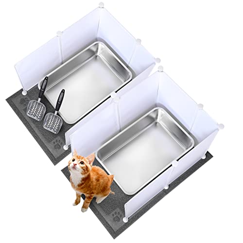 Pinkunn 2 Set Edelstahl Katzentoilette Große Metall Katzentoilette 24x16 Zoll mit 2 Katzenstreuschaufeln, 12 Streu Spritzschutz und 2 Katzenstreu Matte, rostfrei, leicht zu reinigen von Pinkunn