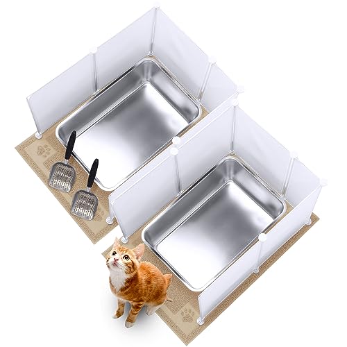 Pinkunn 2er-Set Edelstahl-Katzentoilette, große Metall-Katzentoilette mit 2 Katzenstreuschaufeln, 12 Streu-Spritzschutz und 2 Katzenstreu-Matte, nimmt nie Gerüche auf (cremeweiß, 60 x 40 x 15 cm) von Pinkunn