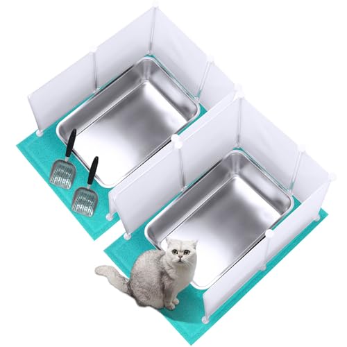 Pinkunn 2er-Set große Edelstahl-Katzentoilette aus Metall, inklusive 2 Katzenstreuschaufeln, 12 Katzentoiletten-Spritzschutz und 2 Katzentoilettenmatten, nimmt nie Gerüche auf (Seeblau, 15 cm) von Pinkunn