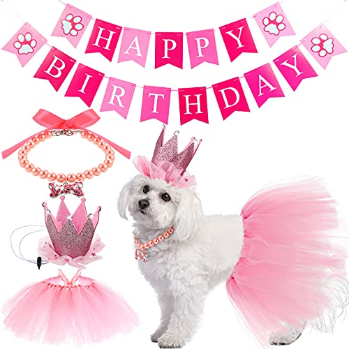 Pinkunn 4 Stück Niedliches HundeGeburtstagsOutfit mit HaustierTutuRock WelpenPerlenkette Hund Krone Hut und Banner für Happy Birthday Geschenk Welpe Hund Haustier Katze Geburtstag Party Supplies von Pinkunn