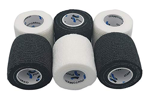 PintoMed Selbstklebender Verband, Gedehnt -3X Schwarz+3X Weiß Bandagen Rollen - 5cmx4,5m Haftbandage Verband; Fixierbinde; Health Pflaster, Sport Tape; Stück für Handgelenk, Bein, Arm, Vet Wrap von PintoMed