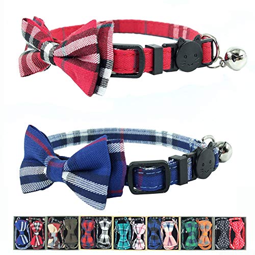 Katzenhalsband, mit Glöckchen und Fliege, kariert, verstellbar, Sicherheits-Halsbänder für Kätzchen, 17,3–27,4 cm, Rot und Blau, 2 Stück von Pipidog