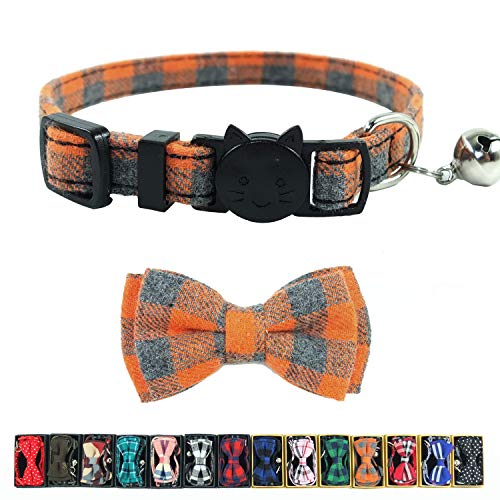 Katzenhalsband, mit Glöckchen und Fliege, kariert, verstellbar, Sicherheits-Halsband für Kätzchen, 17,3–27,4 cm, Orange kariert von Pipidog