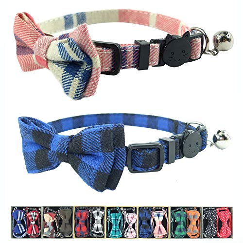 Katzenhalsband, mit Glöckchen und Fliege, kariert, verstellbar, Sicherheitshals-Set von 2 Stück (17,3–27,4 cm) (Rosa/Blau kariert) von Pipidog