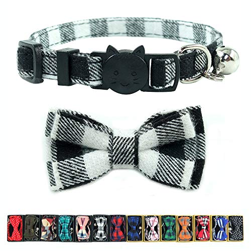 Katzenhalsband mit Aussparung und Glöckchen und Fliege, Kariertes Design, verstellbar, für Kätzchen, 16,5-27,9 cm, 6.8''-10.8'', Black Plaid von Pipidog