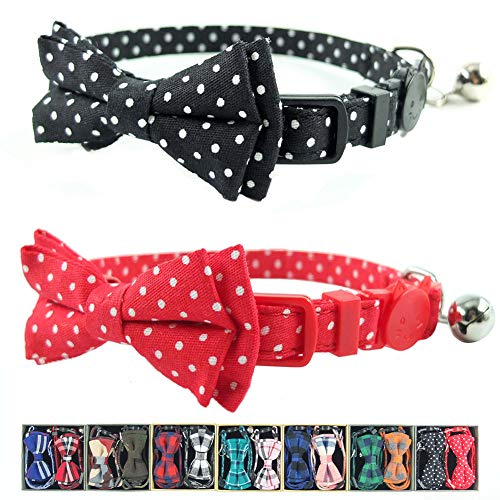 Katzenhalsband mit Glöckchen und Fliege, Breakaway Clasp Cute Dots Kitty Kitten Halsband Set mit 2 Stück (17,3–27,4 cm) (Schwarz und Rot Punkte) von Pipidog