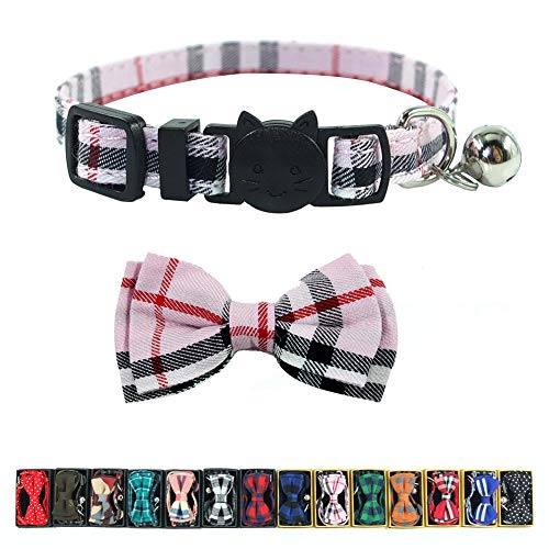 Katzenhalsband mit Glöckchen und Fliege, kariertes Design, verstellbar, Sicherheits-Halsband für Kätzchen, 17,3–27,4 cm, Pink Plaid 1 von Pipidog