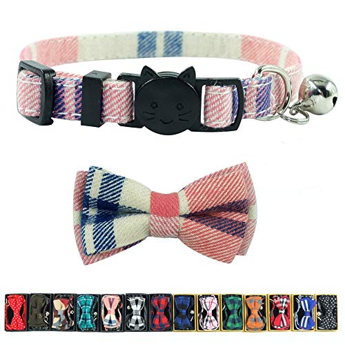 Katzenhalsband mit Glöckchen und Fliege, kariertes Design, verstellbar, Sicherheits-Halsband für Kätzchen, 17,3–27,4 cm, Pink Plaid 2 von Pipidog