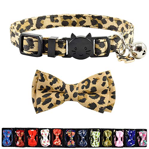 Katzenhalsband mit Glöckchen und Zubehör, bedruckt, Kätzchenhalsband mit Fliege für Kätzchen, 19 Farben, verstellbar, 19,1–27,9 cm (Leopard) von Pipidog