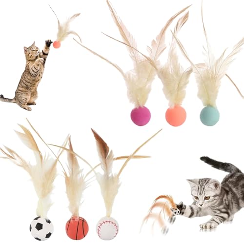 Hüpfball Spielzeug,6 Stück Neues Katzenspielzeug Feder Ball,Federspielzeug für Katzen Kitten,Interaktives Katzenbälle für Drinnen und Draußen,Katzen-Trainingsbälle zum Trainieren, Jagen Trainieren von Pipihome